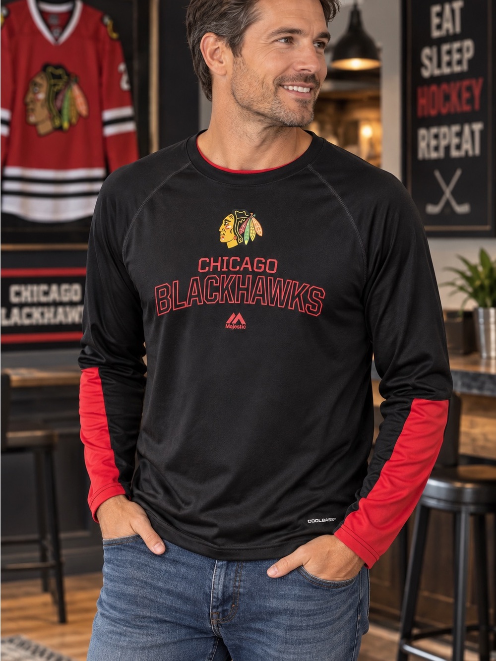 Chicago Blackhawks Majestic Cool Base Long Sleeve Shirt NHL L/G Black Red